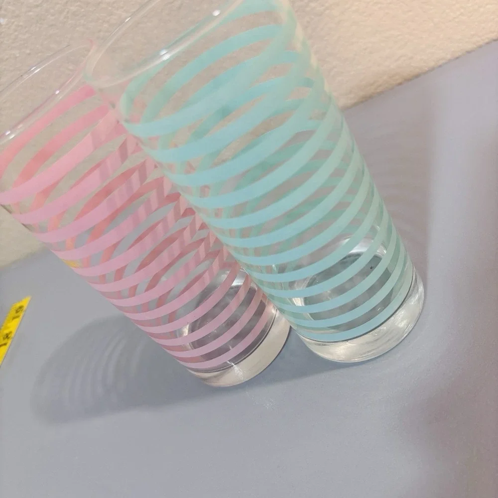 2 Libbey Vintage Mid Century Modern Retro Teal Pink Striped Highball Bar Glasses